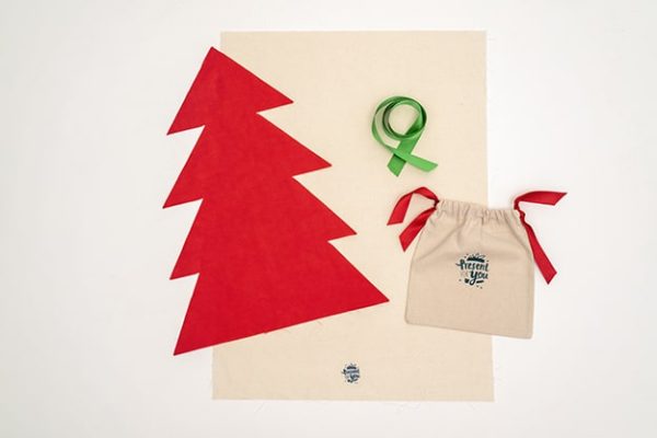 Present for You Makers Kit - Contents. Bag, Red Christmas Tree, Green Ribbon